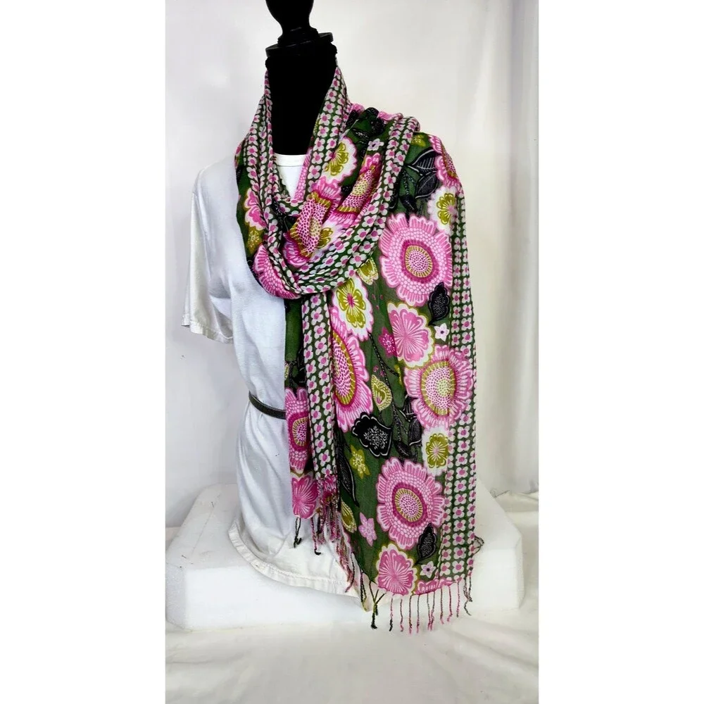 Vera Bradley Black Pink Green Floral 100% Rayon Light weigh Scarf Sarong 68